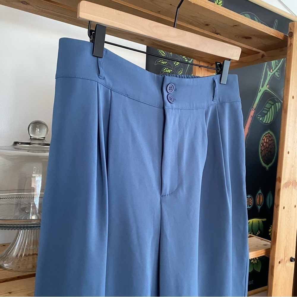 Halara Blue High Waisted Button Shirred Straight Leg Work Trouser Pants Large - Picture 6 of 15